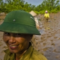 Le "bodoÃ¯", rÃ©plique du fameux casque des troupes nord vietnamiennes, est une efficace protection contre le soleil.